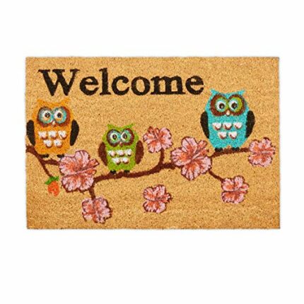 Relaxdays Welcome Flowers and Owls Doormat Coir , 40x60 cm, Door Mat Inside & Outside, Non-Slip, Multicoloured