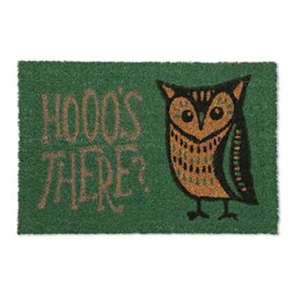 Relaxdays Owl Hooo's there Doormat Rubber, 40 x 60 cm, Door Mat Inside & Outside, Non-Slip, Green/Coir, PVC