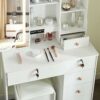 Dradaomull Makeup Dressing Table with Mirror and LED Light, Adjustable Brightness 3 Lighting Modes Vanity Dresser with Stool and Lots Storage for