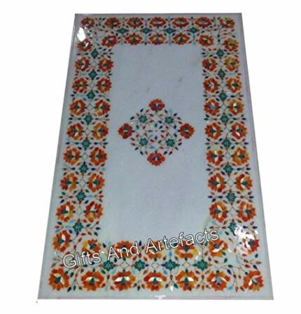 Gifts And Artefacts 24 x 48 Inches Carnelian Stone Inlay Work Center Table Top for Home Furniture Rectangle Shape White Marble Dining Table