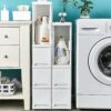 OPSREY Bathroom Little Cabinet, with Drawers and Clear Storage Doors with Wheels Narrow Storage Drawer Cart Narrow Slim Floor Cabinet Side Organi