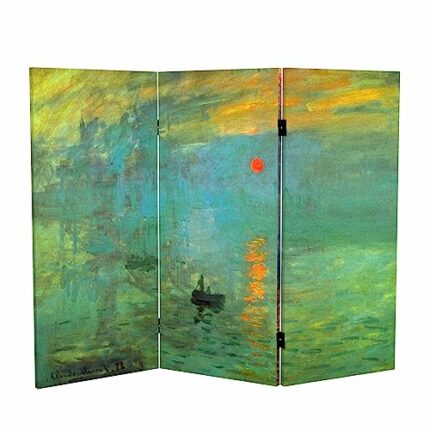 Red Lantern 3 ft. Short Double Sided Works of Monet Canvas Folding Screen Impression Sunrise/Houses of Parliament 3 Panel Freestanding Partition