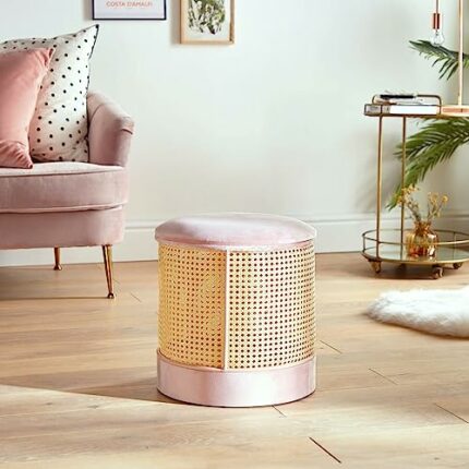 Haadi Traders Storage stool | Rattan & Velvet Footstool | Pink Dressing Table Storage Stool Pouffe with Lid 42CM | Footrest Ottoman Stool Seat