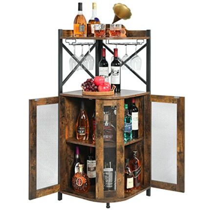 JKsmart Corner Bar Cabinet with Glass Holder,Industrial Wine Cabinet with Mesh Door,Wine Cabinet with Adjustable Shelf,Home Bar for Liquor and Wi