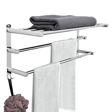 BIGLUFU Towel Rail Wall Mounted, 3-Tier Towel Holder with Hooks, Bath Self Adhesive Towel Rack Stainless Steel Towel Shelf Bar for Bathroom Kitch