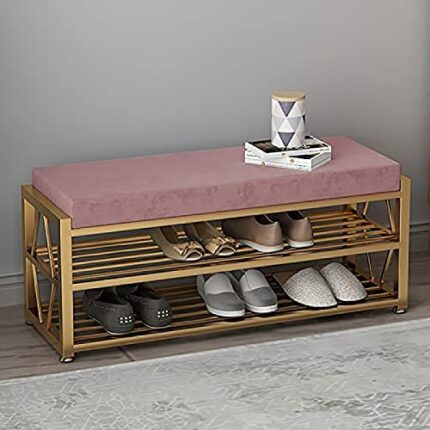 velvet entry bench, padded shoe stool, luxury shoe closet shoe stool with gold legs in living room bedroom,Pink,100x35x45cm(39x14x18inch)