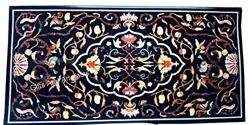 Gifts And Artefacts 30 x 60 Inches Pietra Dura Art Dining Table Top for Home Furniture Decor Rectangle Shape Black Marble Office Meeting Table wi
