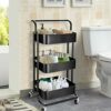 TNAVY 3 Tier Rolling Trolley with Handle, Metal Utility Cart on Wheels, Storage Organizer for Kitchen Laundry Bathroom and Office (Black)