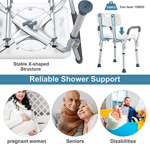 NArra Shower Stool, Height Adjustable Shower Chair with Detachable Armrests Backrest, Perching Stool Load up to 150kg with Non-Slip Foot Pads, Ba
