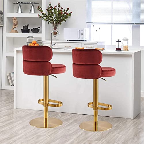 Set of 2 Velvet Swivel Barstools Counter Breakfast Bar Stools Adjustable Height with Backrest Bars Stools, Gold Legs Round Upholstered Seat for K