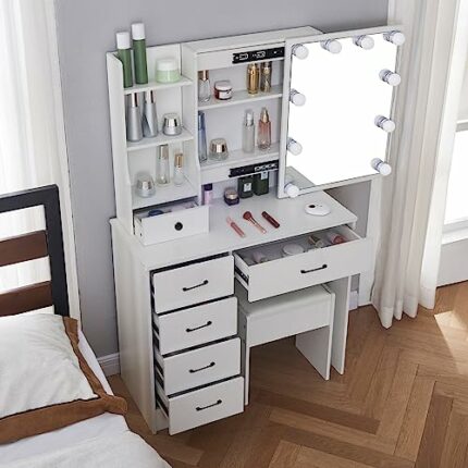 Vanity Desk Makeup Dressing Table with LED Lighted Mirror Cushioned Stool Set 3 Color Lighting Modes Storage Shelves Brightness Adjustable Modern