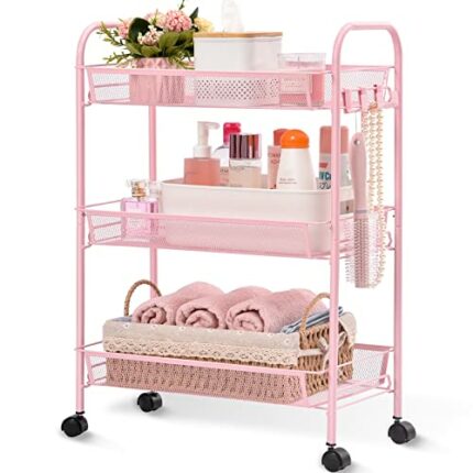 APEXCHASER 3-Tier Rolling Cart,Easy Assemble Mobile Storage Trolley On Wheels,Slide Out Utility Cart Shelving Units Kitchen Bathroom Laundry Room