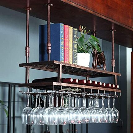 PIBM Ceiling Wine Rack Suspension Fashion Creative Wine Glass Rack Bar Wine Bottle Rack European Style Goblet Holder Double Layer J111, Bronze ,