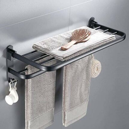 Towel Rail Wall Mounted Black 2 Tier Towel Holders for Bathrooms, 60 cm Towel Rack With 2 Hooks Aluminum Tea Towel Holders, Dual Rod Towel Shelve