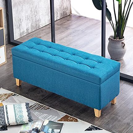Entryway Shoe Changing Stool with Storage,Linen Upholstered Sofa Storage Bench Seat,Modern Footrest End of Bed Bench for Living Room Bedroom-Blue