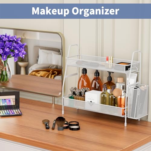 EKNITEY Bathroom Countertop Organiser Shelf - 2 Tier Counter Spice Rack Metal Makeup Rack Small Perfume Organiser for Sink/Bedroom/Living room/Ki