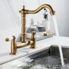 Ghopy Kitchen Sink Mixer Taps 2 Hole Deck Mounted Antique Brushed Brass Swivel Spout Bridge Mixer Tap