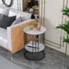 Marble Top Side Table Black: Small Circle End Tables 40 x 54cm Sintered Stone Bedside with Metal Black Legs Modern White Nightstand 2 Tier Round