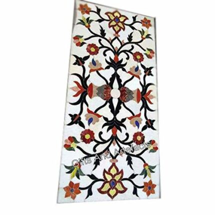 Gifts And Artefacts 24 x 48 Inches Kitchen Table Top Inlaid with Semi Precious Gemstone Rectangle Shape White Marble Dining Table