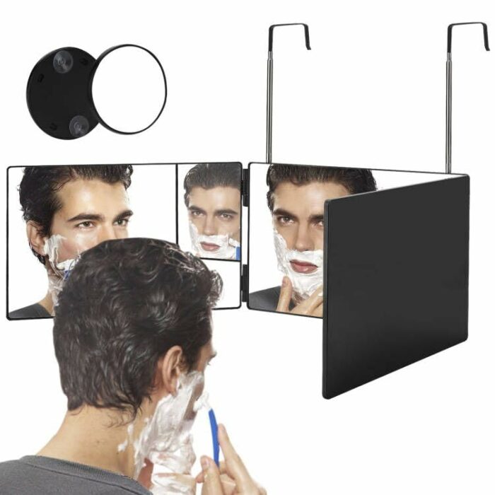 3 Way Mirror and 5X Magnifying Mirror Set - 360 Makeup Mirror 3 Sided with Telescoping Hooks Over Door for Self Hair Cutting, Coloring, Braiding,