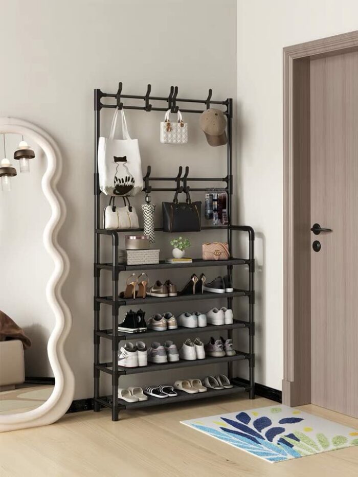 KAYKAI Standing Coat Hanger, Coat Rack with Shoe Storage, Independent with Shoe Storage Clothing Coat Hanger for the Entrance Bedroom Living Room