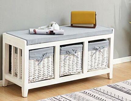 Home Source Wooden Hallway Bench Seat 3 Basket Pull-Out Storage, White, Grey Cushioned Top