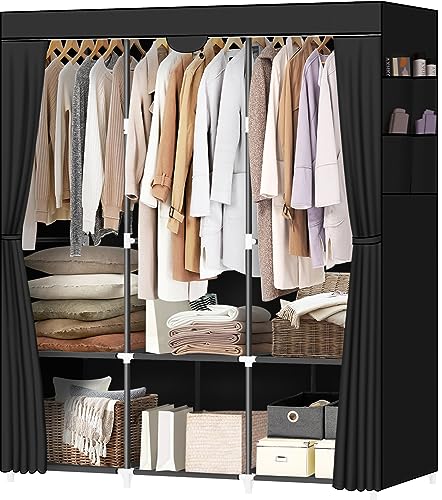 LOKEME Portable Closet, Portable Closets for Hanging Clothes with 3 Hanging Rods and 6 Storage Shelves and 4 Side Pockets, Black Wardrobe Closet