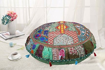 DK Homewares Indian Ethnic Dark Green Floor Pillow Indian Cushion Cover 22 X 22 Inches Patchwork Living Room Decoration Vintage Cotton Embroidere