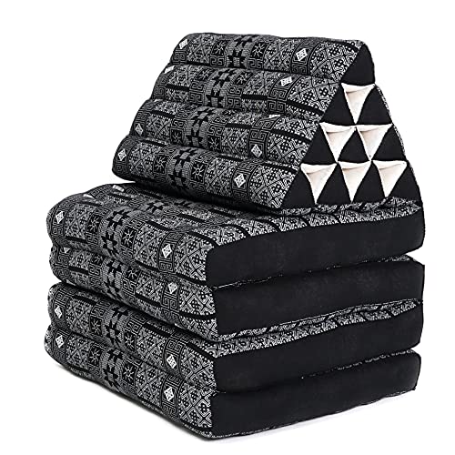 LEEWADEE 4-Fold Mat with Triangle Cushion – Firm TV Pillow, Foldable Mattress with Cushion Made of Eco-Friendly Kapok, 225 x 50 cm, black orange
