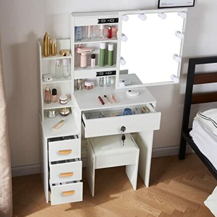 Jansaimei Makeup Vanity Desk Set with Lockable Drawers, Large Storage Capacity Dressing Table with Sliding Mirror, 3 Color Lighted Modes with Cus