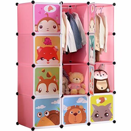BRIAN & DANY Cartoon Clothes Closet Wardrobe Storage Organizer, 8 Cubes & 2 Hanging Sections, Pink