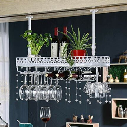 PIBM Ceiling Wine Rack, Hanging Wine Glass Holder, Vintage Wine Bottle Holder, Rustic Wall Mounted Wine Holder, Adjustable Height Stemware Rack,