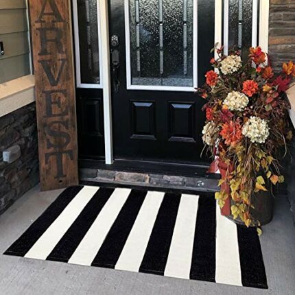 KaHouen Cotton Black and White Striped Rug (27.5 x 43 Inches), Washable Hand-Woven Stripe Outdoor Front Door Mat for Layered Door Mats/Porch/Kitc