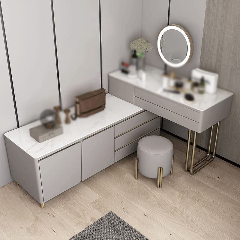 KJHD Wooden Dressing Table Bedroom Vanity Table Makeup Cabinet LED Smart Storage Side Cabinet