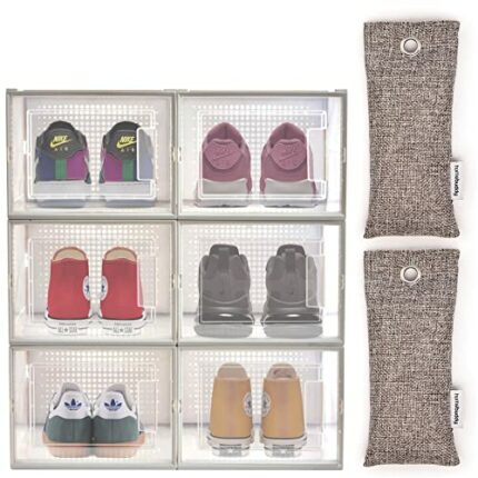HomeBuddy Shoe Organizer Box - 6 Pack Shoe Box, Stackable Sneaker Storage, Sturdy Shoe Containers with Back Ventilation, Clear Shoe Boxes - Bambo