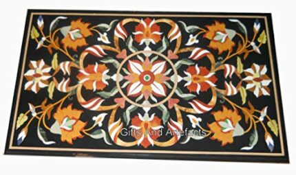 Gifts And Artefacts 30 x 48 Inches Pietra Dura Art Dining Table Top for Home Decor Rectangle Shape Black Marble Kitchen Table
