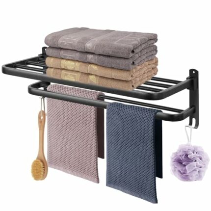 Towel Rack with Hooks, Towel holder with 2 Towel Bars Non Drill Towel Shelf for Bathroom, Kitchen, Toilet, Hotel or Office, Matte Black 60cm (24i