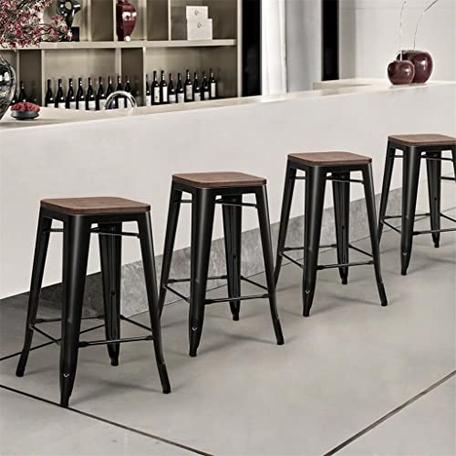 LUKEO Set Of 4 Counter Height Backless Barstool 26'' Metal Stackable Stool W/Wood Seat