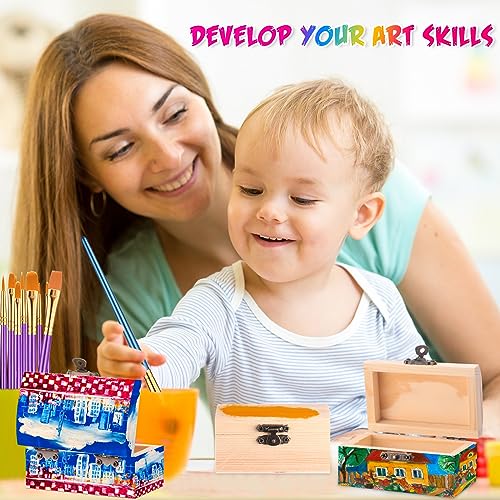 Chumia 48 Pcs Unfinished Wooden Box with 40 Paintbrushes Wood Treasure Chest Small Wooden Box DIY Wooden Boxes for Crafts Unpainted Chest Box for