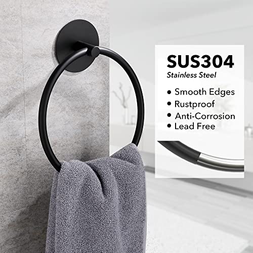 Matte Black Bathroom Towel Ring - SUS304 Stainless Steel Bathroom Towel Rack, Susswiff Adhesive Wall Mounted Hand Towels Holder, Towel Hanger for