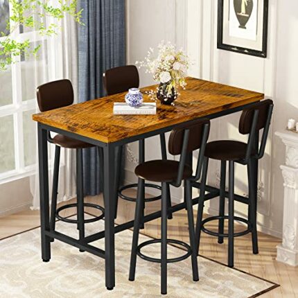 Lamerge Dining Table Set for 4 Bar Table and Chairs Set Industrial Counter Height Dining Table Set with 4 PU Upholstered Stools Kitchen Pub Table