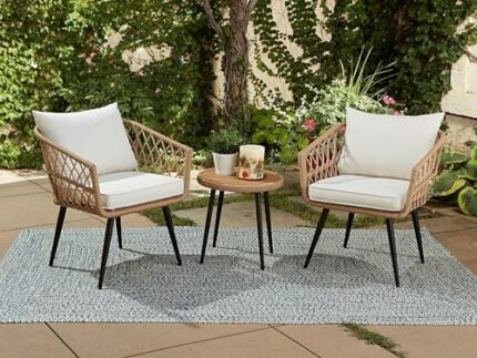 Quality Outdoor Living 65-YZ03HM Hermosa 3 Piece Chat Set, Tan Wicker + Linen Cushions