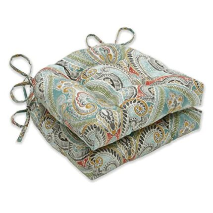 Pillow Perfect Paisley Indoor/Outdoor Chairpad with Ties, Reversible, Tufted, Weather, and Fade Resistant, 15.5" x 16", Blue/Multi Pretty, 2 Coun