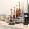 J JACKCUBE DESIGN Syrup Bottle Holder Rack, Rustic Wood and Metal Wire 4 Tier Syrup, Wine, Dressing Bottle Countertop Display Storage Stand for K