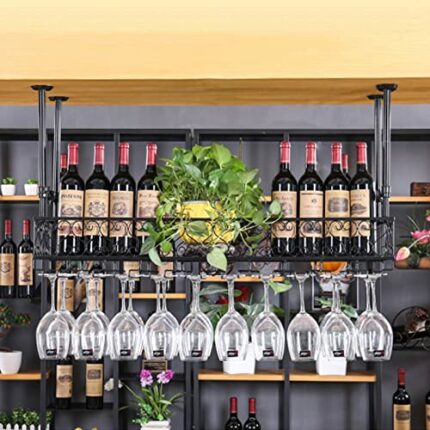 EYLINK Wine Bottle Holder Hanging Wine Rack,Vintage Black Iron Ceiling Decoration Wine Glass Racks，Stemware Storage Shelf Organizer Shelves for B