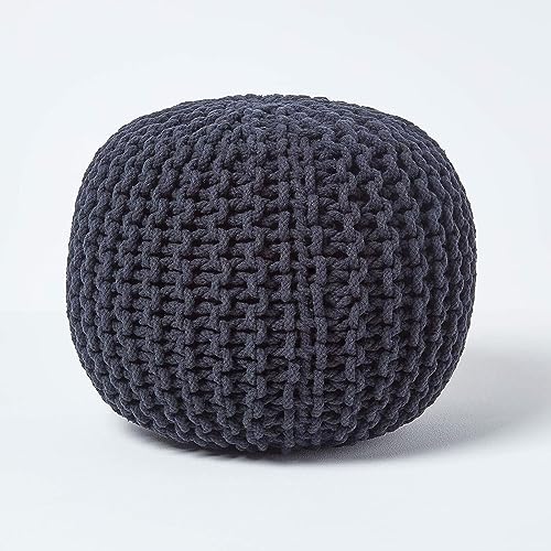 EXQUIZIT HOME Knitted Round Pouffe Foot Stool Ottoman Large 100% Cotton Chunky Moroccan 50cm Pouf COLOUR BLACK