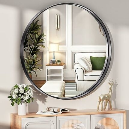 Hasipu 20×20 Inch Wall Mirror for Bathroom, Round Black Metal Frame Bathroom Mirrors, Modern Wall Mounted Vanity Mirror for Bathroom