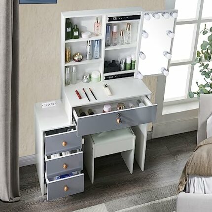 Saihemei Makeup Vanity with Lights and Charging Station, Large Vanity Desk with Storage Shelves and 4 Drawers, 3 Color Lighting Modes Vanity Set