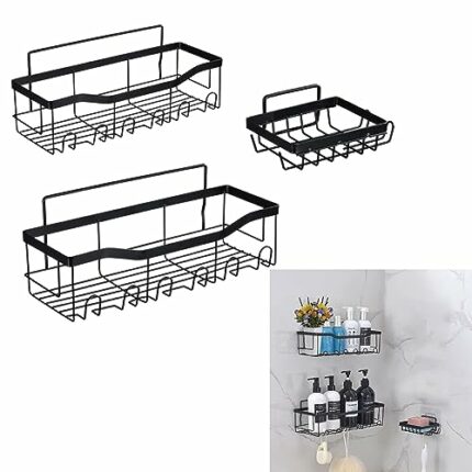 3 Pcs Shower Caddy - Wall Mounted Shower Caddy No Drill - Bathroom Shower Shelf with Soap Holder and Hooks - Rustproof Shower Organiser Rack for