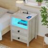 WOOVIVS Nightstand with LED Lights, Bedside Table with 2Outlets & USB Ports, Wooden Night Stand with 2 Drawers, End Table for Bedroom/Living Room
